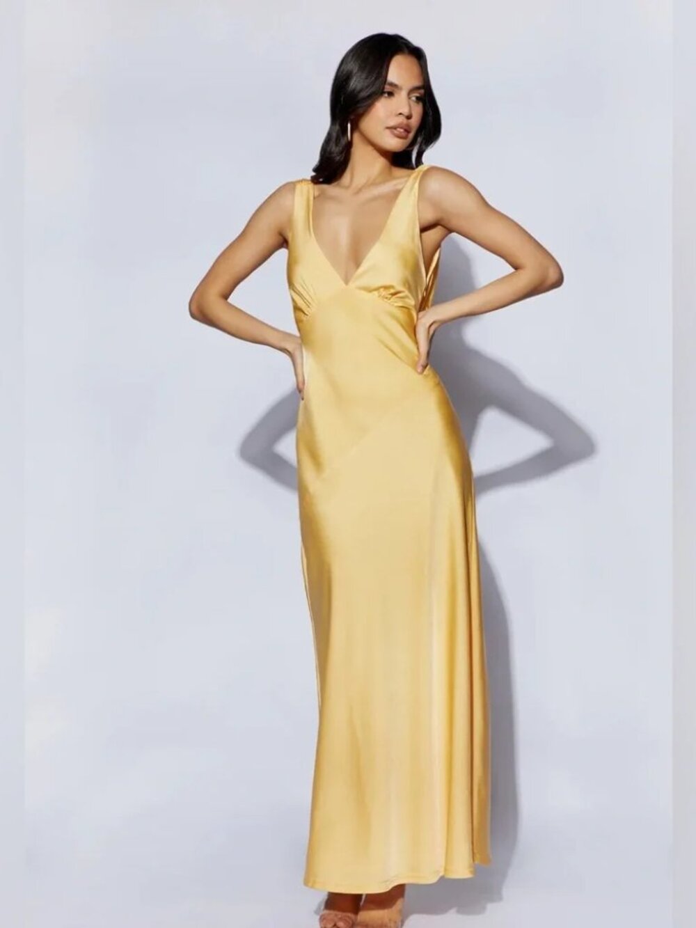 Meshki Nadia Maxi Satin Dress with Back Cowl in Lemon XXS